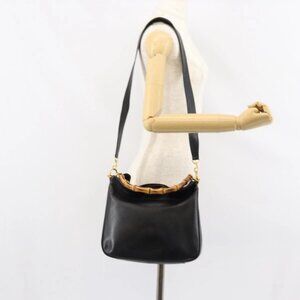 GUCCI Bamboo Hand Bag Leather 2way Black Gold 001 2113 1638 Auth th6469
